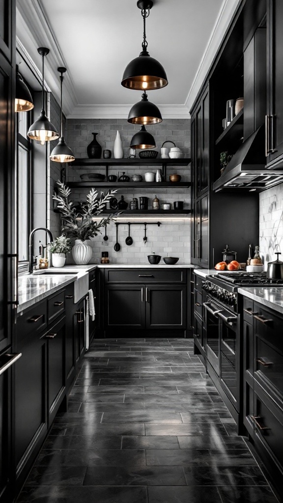 A modern black and white galley kitchen with stylish fixtures and a clean, sleek design.