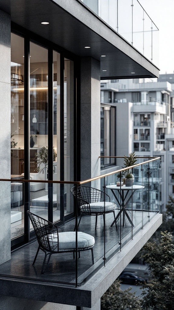 A contemporary balcony featuring glass railings and metal accents, with two chairs and a small table.