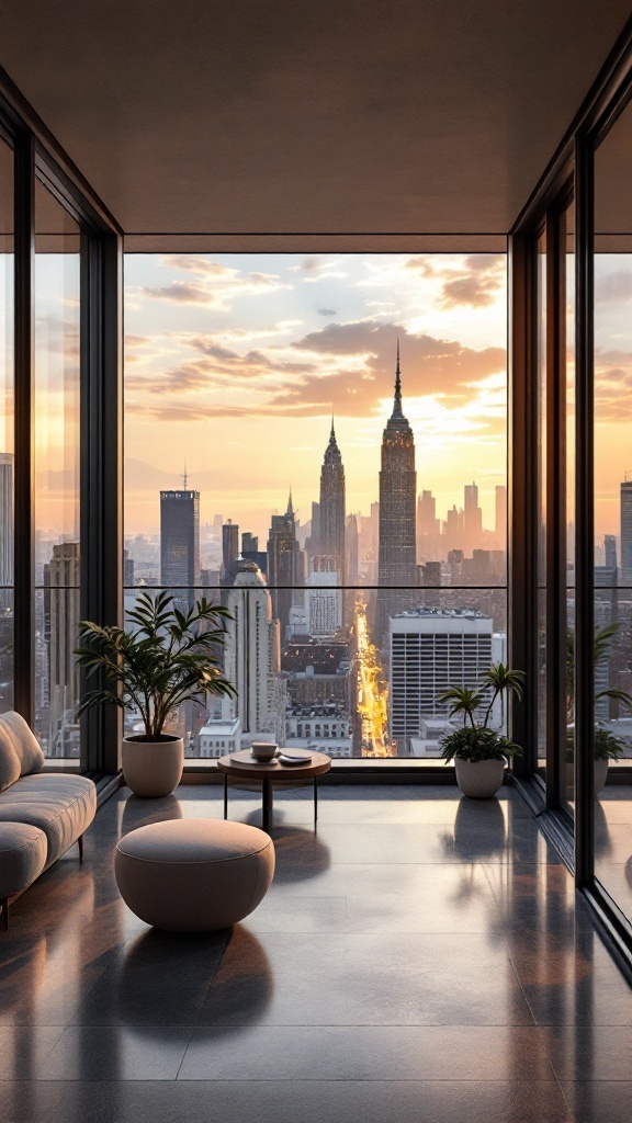 A modern living area with a stunning city view, showcasing large windows and stylish furniture.