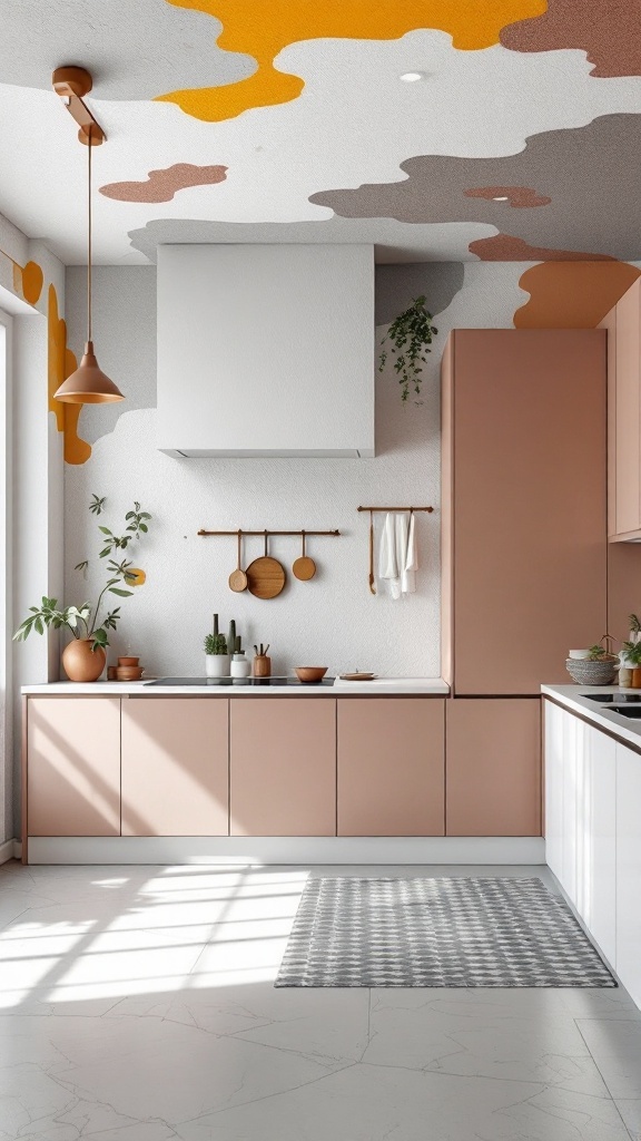 A modern kitchen featuring a textured ceiling with contrasting colors and smooth cabinetry.