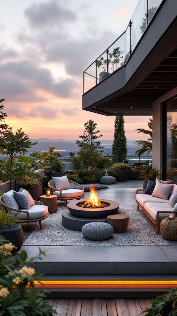 A cozy balcony featuring a fire pit, comfortable seating, and lush greenery.