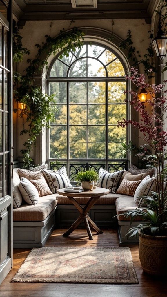 Cozy banquette seating in a bright room with large windows and plants.