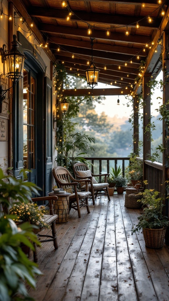 A cozy rustic balcony featuring wooden chairs, potted plants, and string lights.