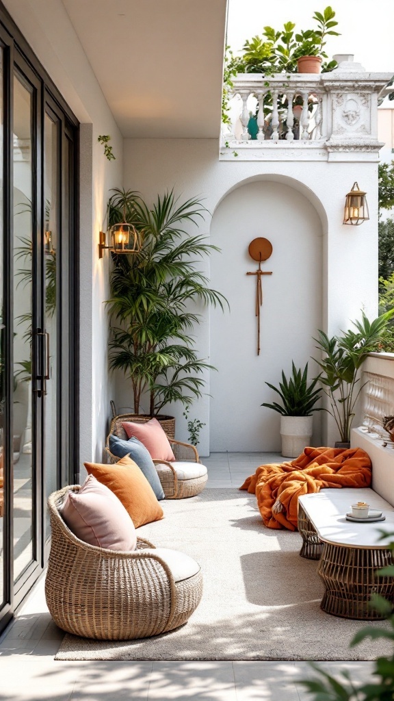 Cozy balcony seating nook with rattan chairs, colorful cushions, and plants.