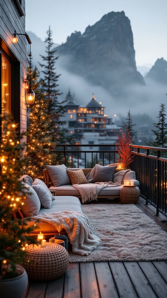 Cozy balcony with cushions, blankets, and lights, overlooking mountains.