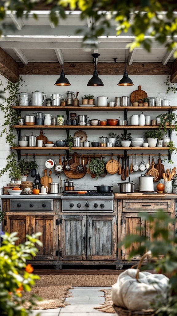 An outdoor kitchen with open wooden shelves filled with various pots, pans, and kitchen essentials, surrounded by greenery.