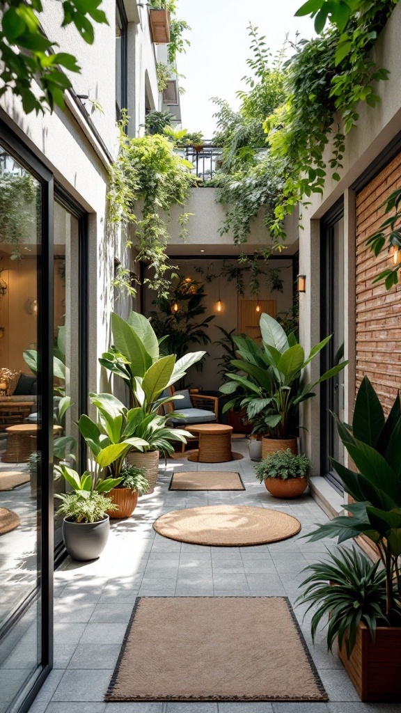 A beautiful balcony atrium filled with plants and cozy seating areas.