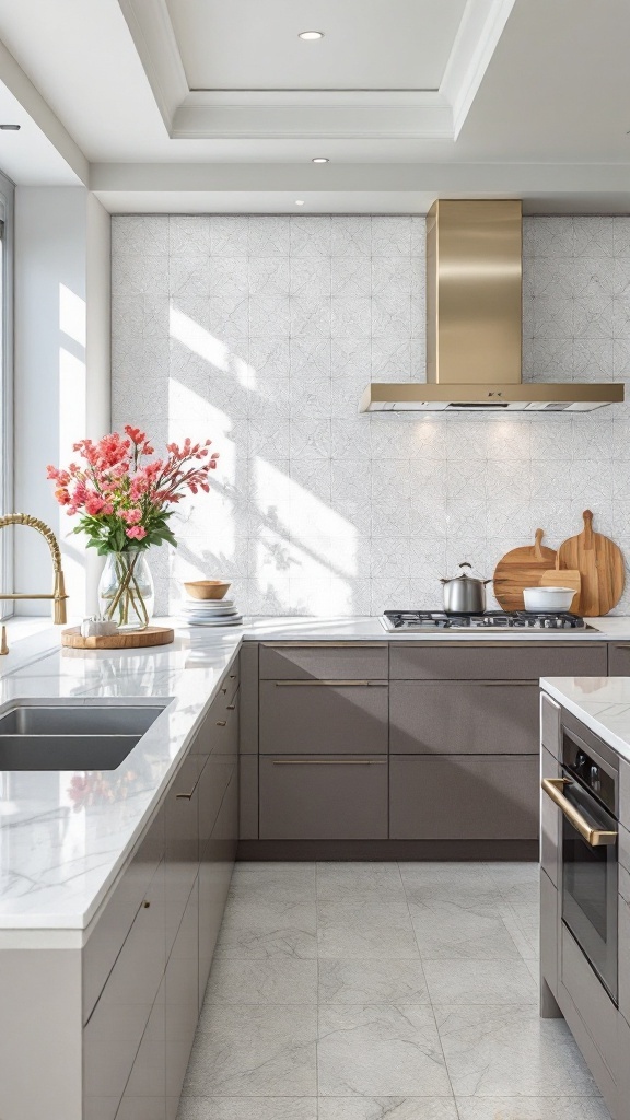 A modern kitchen featuring crystal clear glass dado tiles, with a bright and airy atmosphere.