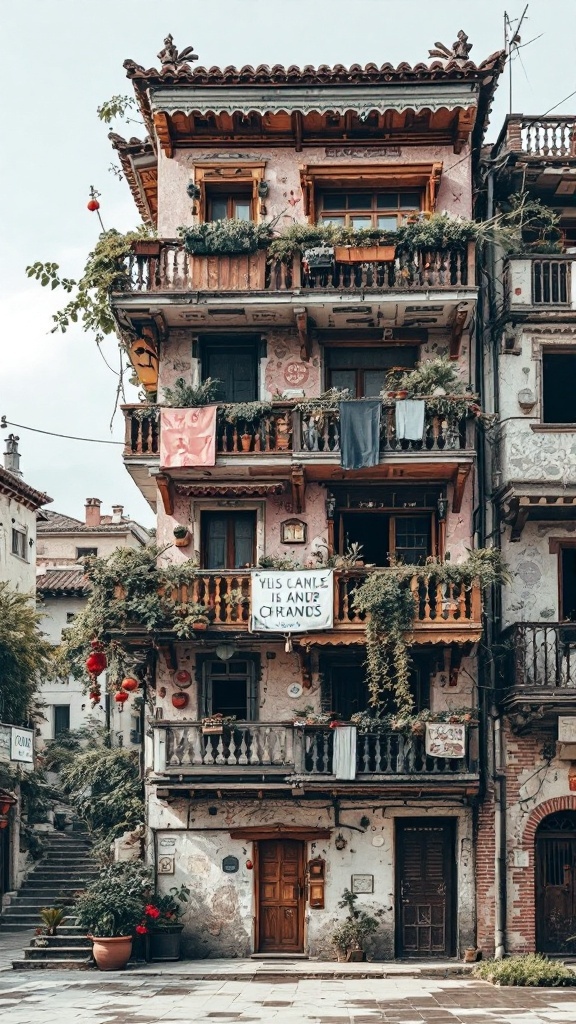 A colorful multi-level building with balconies adorned with plants and laundry, showcasing cultural influences.