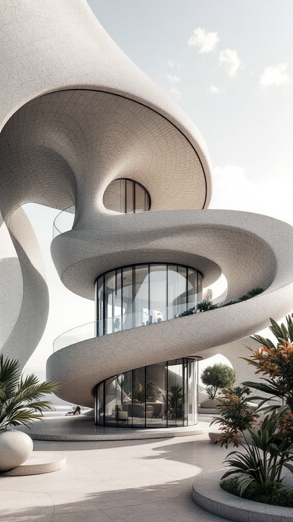 A modern cantilevered balcony with curved design and organic shapes, featuring glass walls and surrounding greenery.