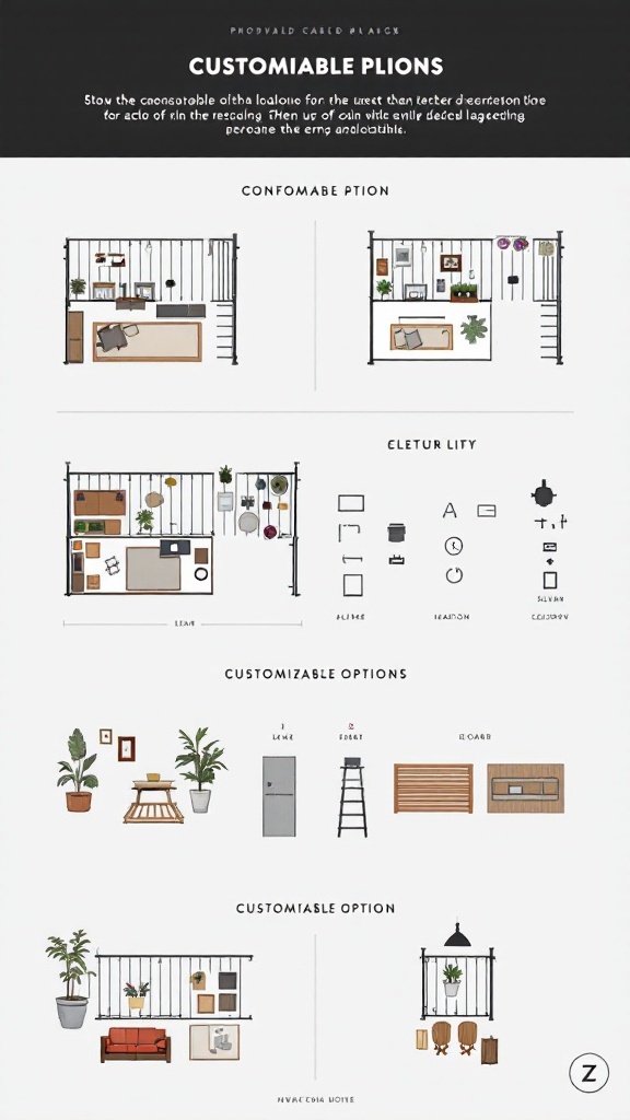 Customizable layout options for the Spectrum Modular Balcony with various furniture arrangements.