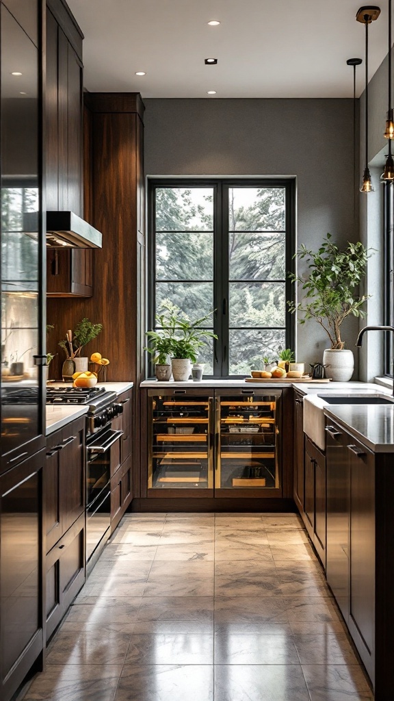 Galley kitchen featuring dark wood cabinets and glass elements.