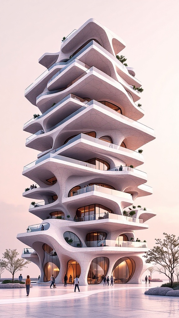 A modern building showcasing dynamic stacked balcony architecture.