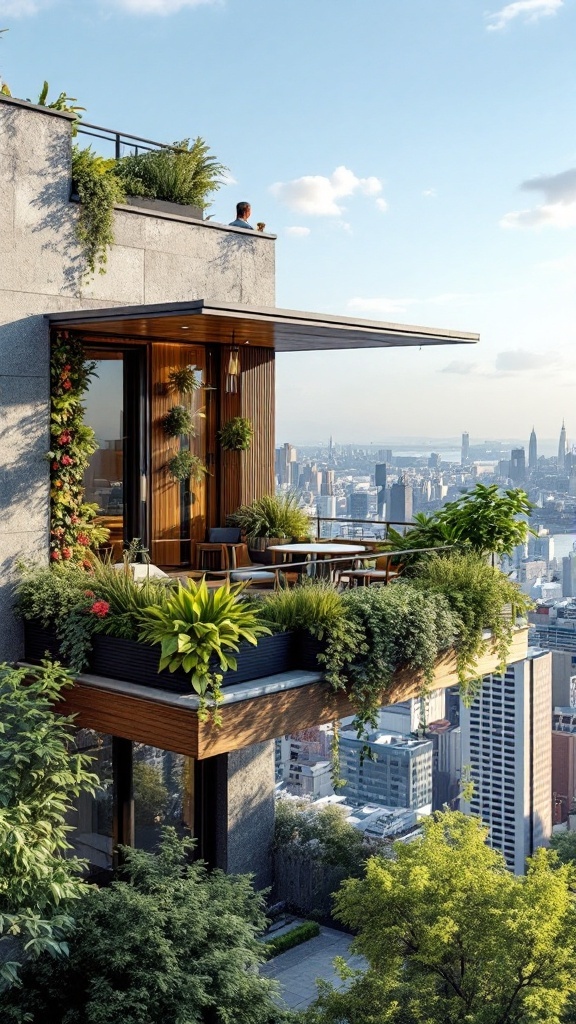 Cantilevered balcony with lush plants and a view of the city skyline.