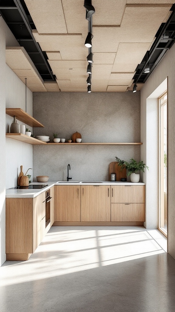 A modern kitchen showcasing eco-friendly ceiling materials with wooden accents.