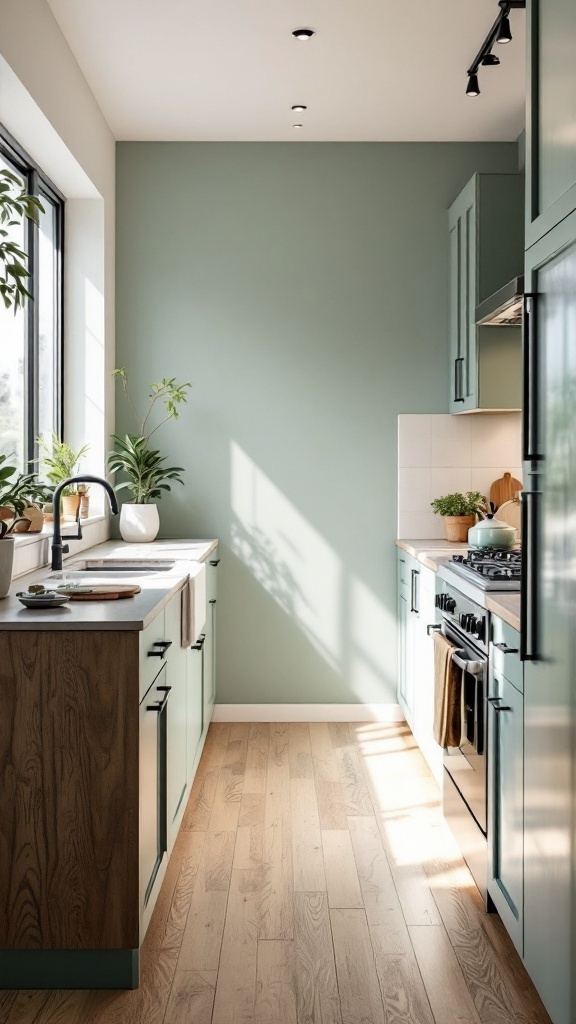 Eco-friendly sustainable kitchen with green walls, wooden cabinets, and plants.