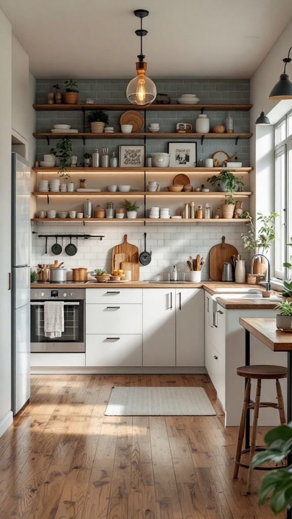 A cozy L-shaped kitchen featuring wooden shelves, modern appliances, and a warm wooden floor.