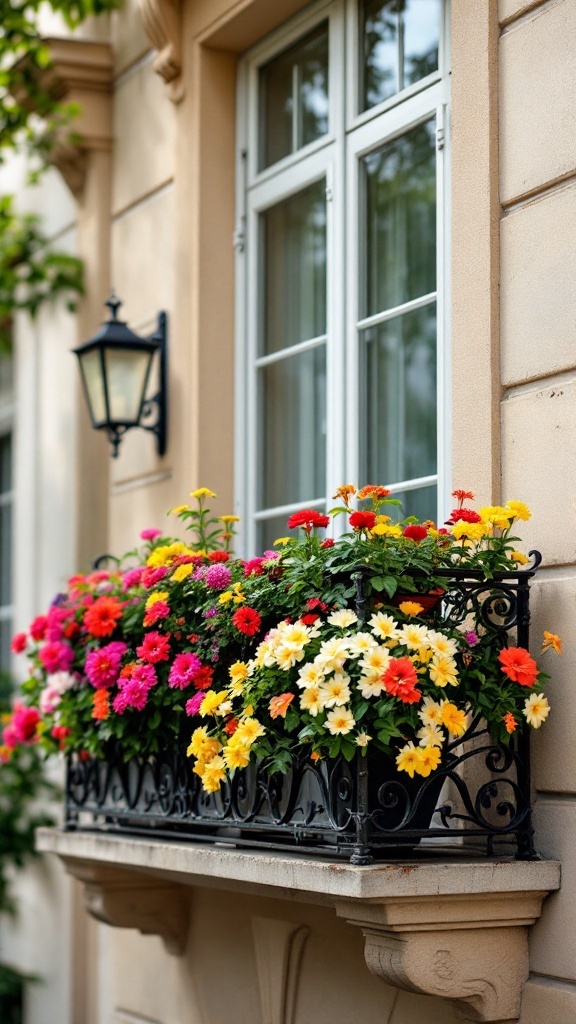 A close-up of a French balcony adorned with colorful flowers and an elegant railing.