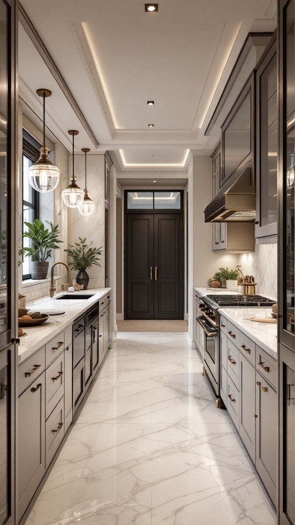 Elegant galley kitchen with marble countertops and stylish lighting.