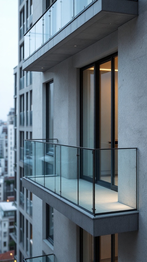 A modern building with clear glass balconies, showcasing minimalist urban architecture.