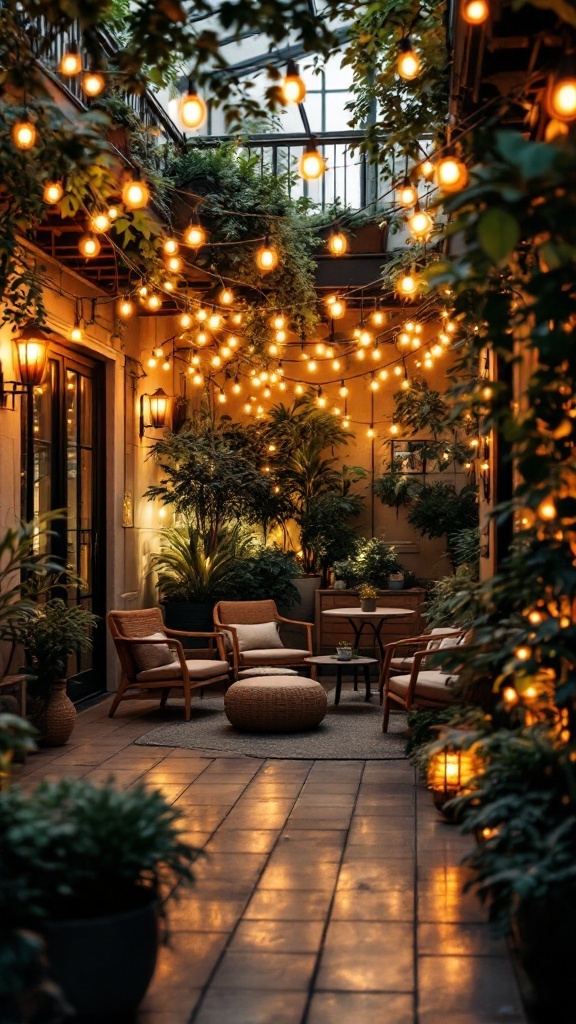 A cozy balcony atrium with string lights and plants, creating a warm atmosphere.