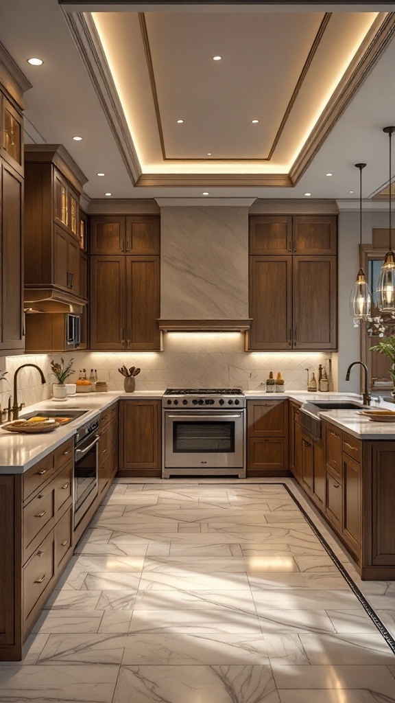 Stylish kitchen with a tray ceiling design featuring recessed lighting.