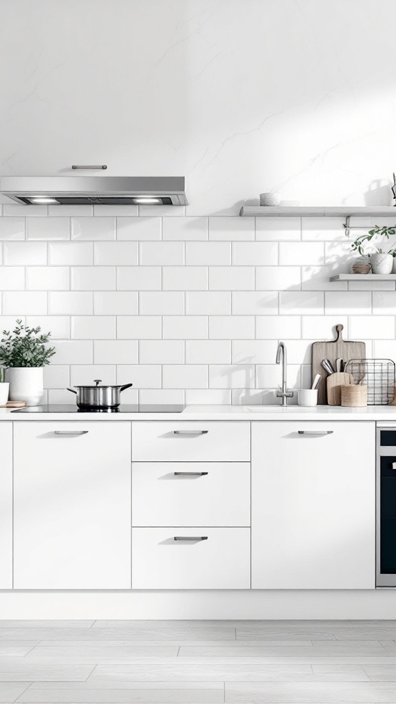 A modern kitchen featuring white glossy dado tiles on the backsplash.