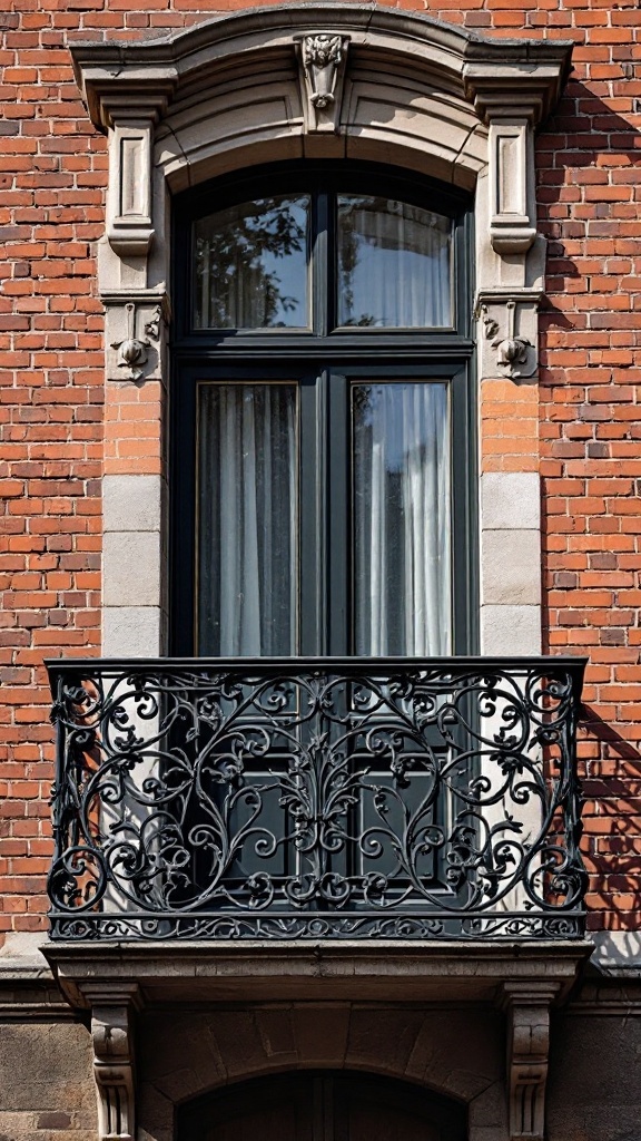 A balcony with intricate wrought iron railings, adding elegance to the brick building.