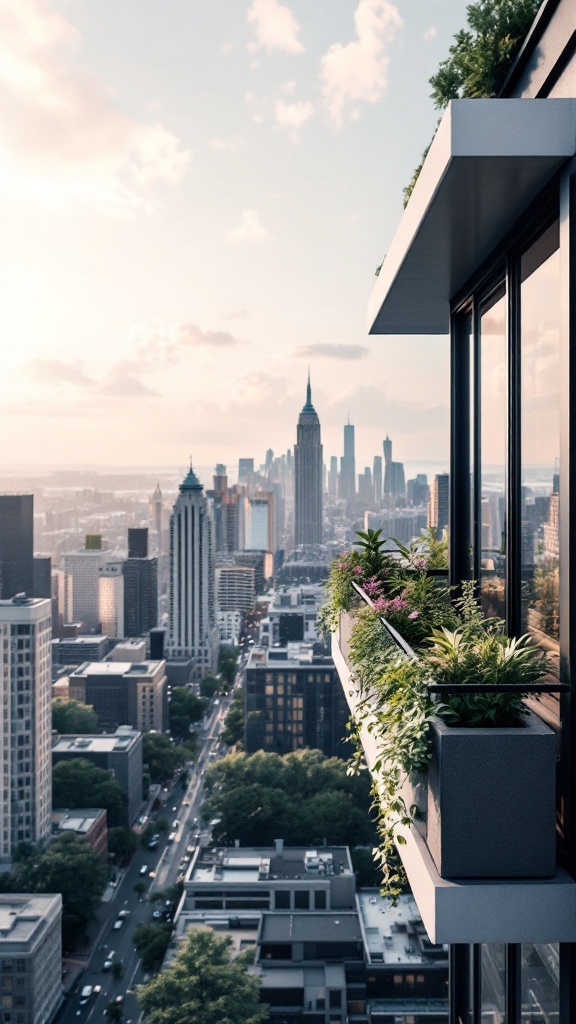 A modern balcony with plants overlooking a city skyline.