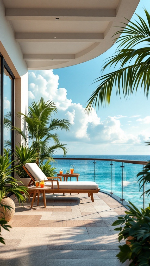 A luxurious balcony with a sun lounger, drinks, and ocean view.