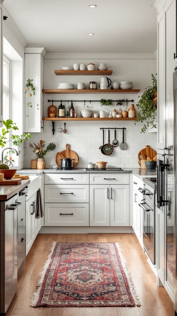 A bright and organized family-friendly galley kitchen with white cabinets, wooden shelves, and a cozy rug.