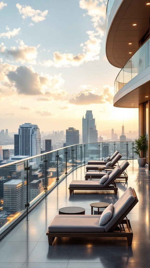 Stylish glass balcony with lounge chairs overlooking a city skyline during sunset.