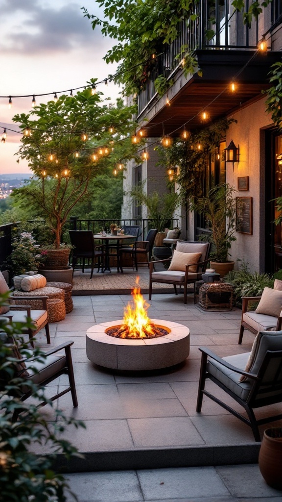 A cozy balcony atrium featuring a fire pit surrounded by seating and plants.