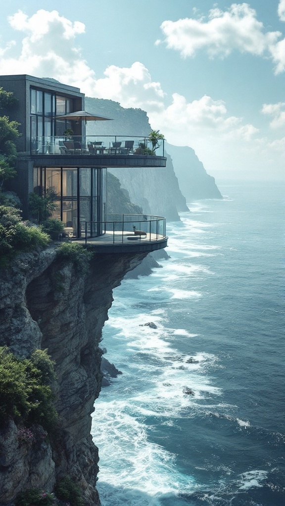 A floating balcony overlooking a cliff with ocean waves below.