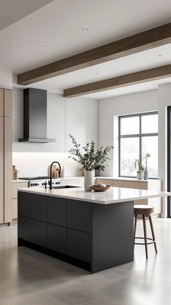 A modern kitchen featuring a floating ceiling design with wooden beams and soft lighting.