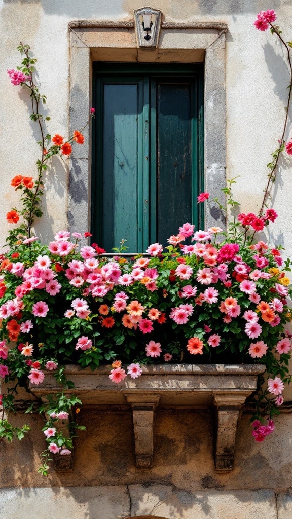 A beautiful Juliet balcony adorned with colorful flowers.