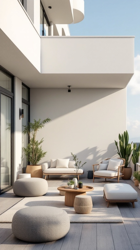 Stylish outdoor seating area featuring modern furniture on a balcony.