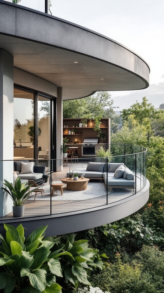 A modern glass balcony featuring stylish furniture and built-in storage surrounded by greenery.