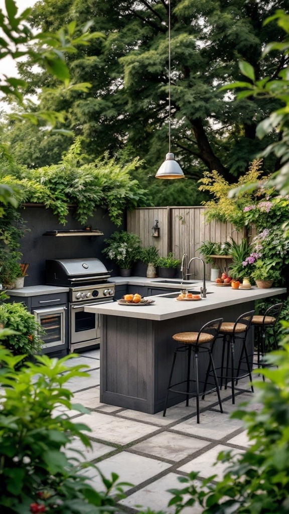 Modern rustic outdoor kitchen with a stylish island, grill, and lush greenery.