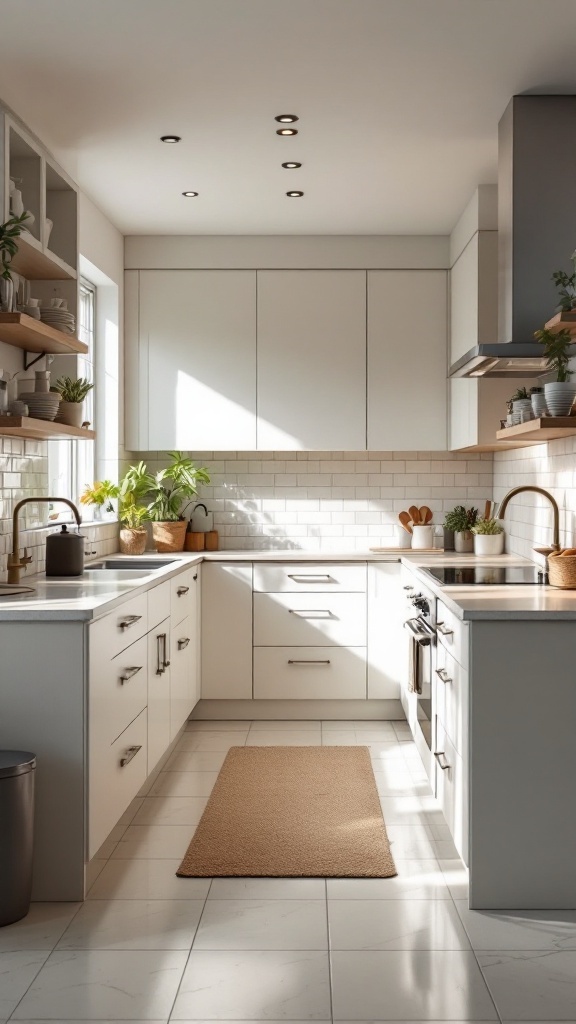 Functional U-shaped galley kitchen with natural light and plants.