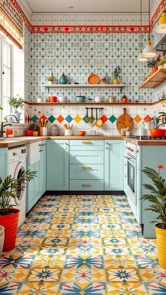 A kitchen featuring funky retro dado tiles with colorful patterns and a cheerful design.