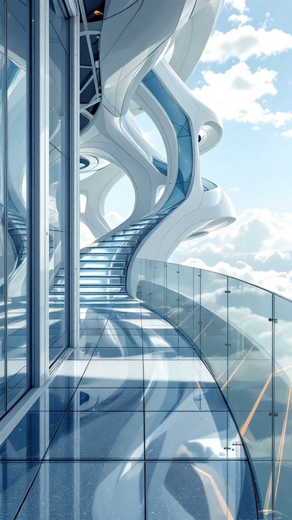 A futuristic balcony with transparent floors, featuring sleek architecture and stunning views.