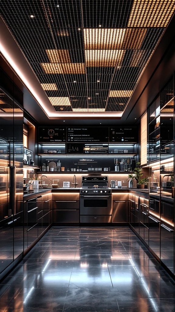 Modern kitchen with LED displays on the ceiling and sleek design.