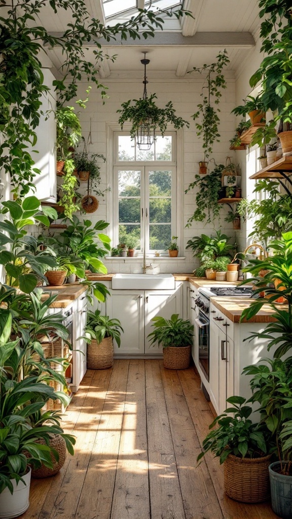 A bright and lush garden-style kitchen filled with various plants and natural light.