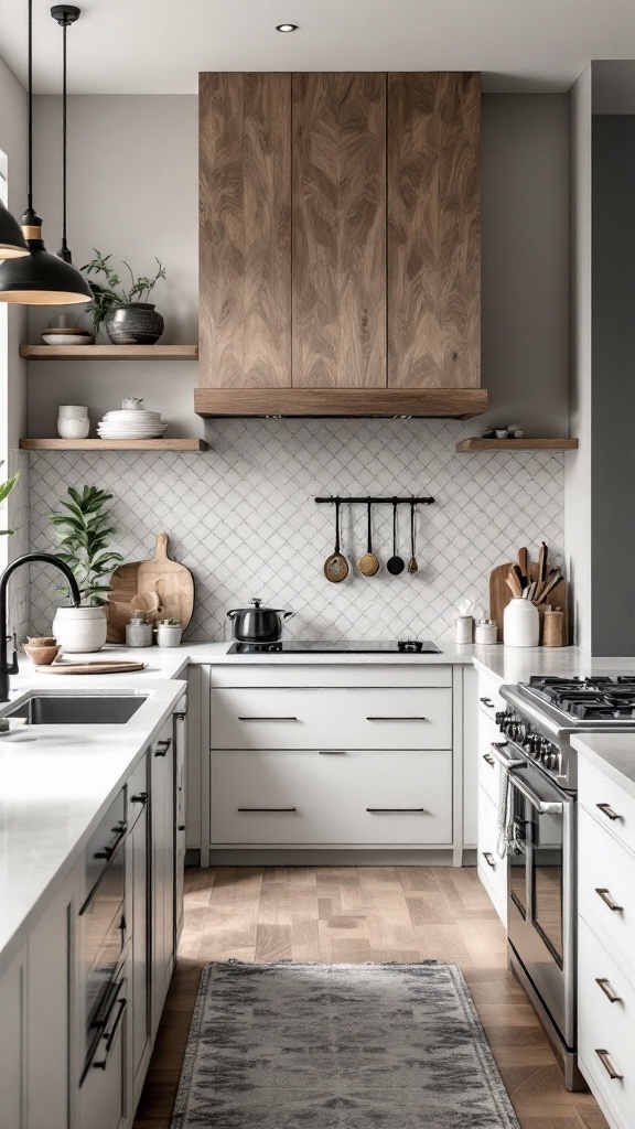 A modern kitchen featuring geometric patterned dado tiles, sleek cabinetry, and stylish decor.