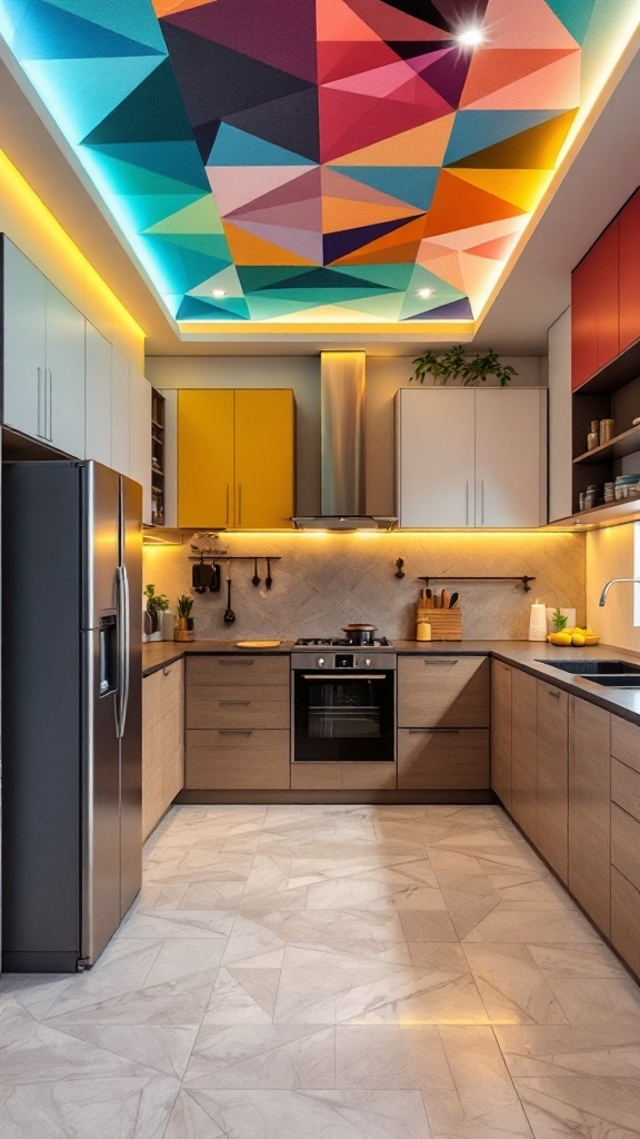 A kitchen showcasing a colorful geometric false ceiling design, featuring various shapes and vibrant colors.