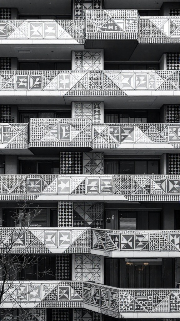 A close-up view of a stacked balcony architecture featuring intricate geometric patterns.