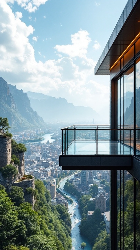 A cantilevered balcony made of glass and steel overlooking a scenic landscape.