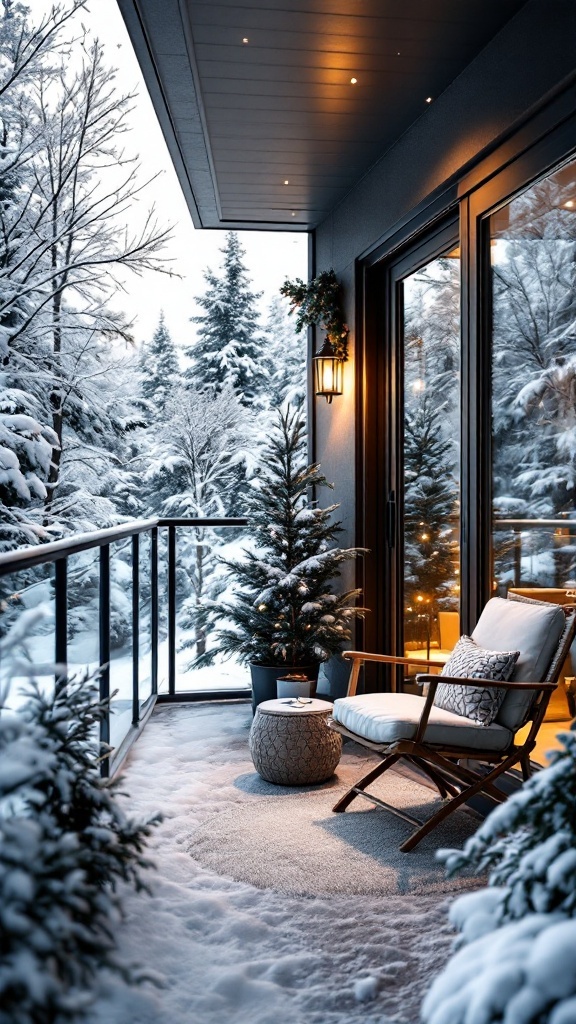 A cozy glass balcony with snow-covered trees outside, featuring a comfortable chair and decorative elements.