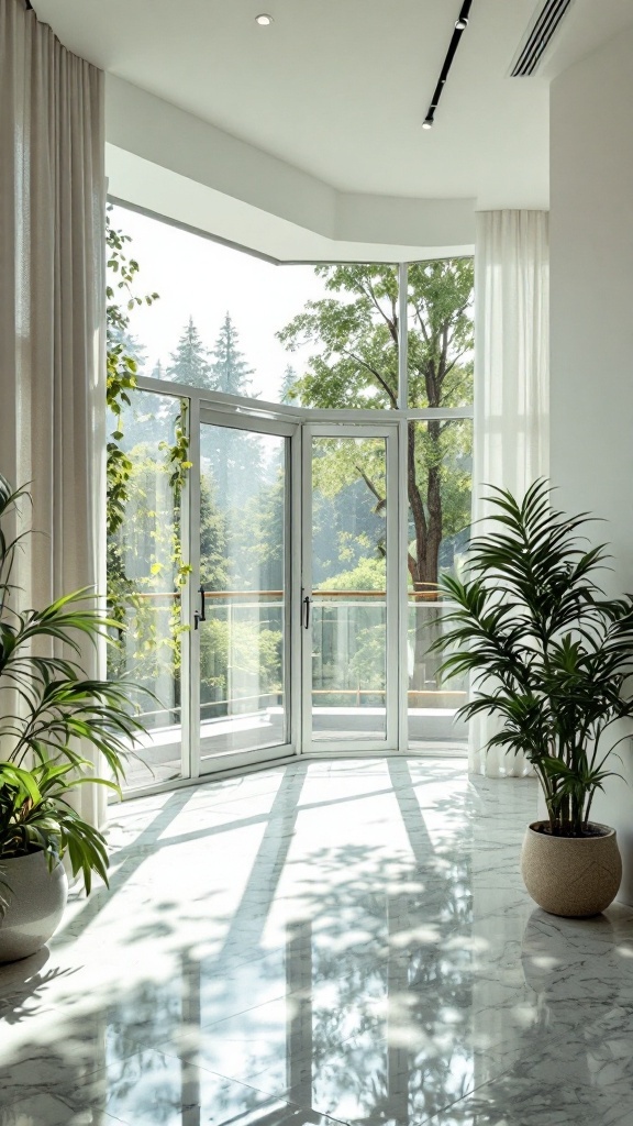 Bright interior with glass doors and plants, showcasing natural light.